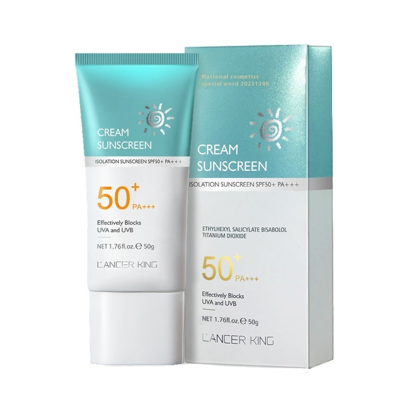 Cream sunscreen tube and packaging with SPF 50 on a white background