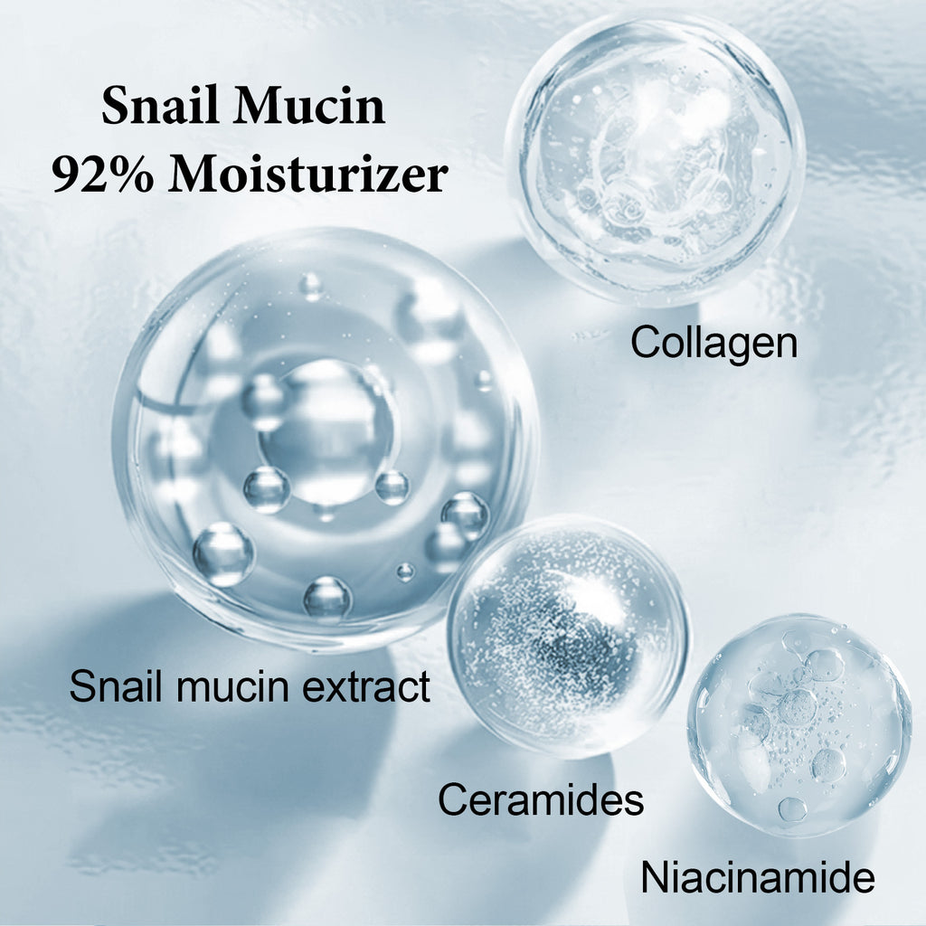 Bubbles labeled with skincare ingredients like snail mucin, collagen, snail mucin extract, ceramides, and niacinamide on a light blue background.