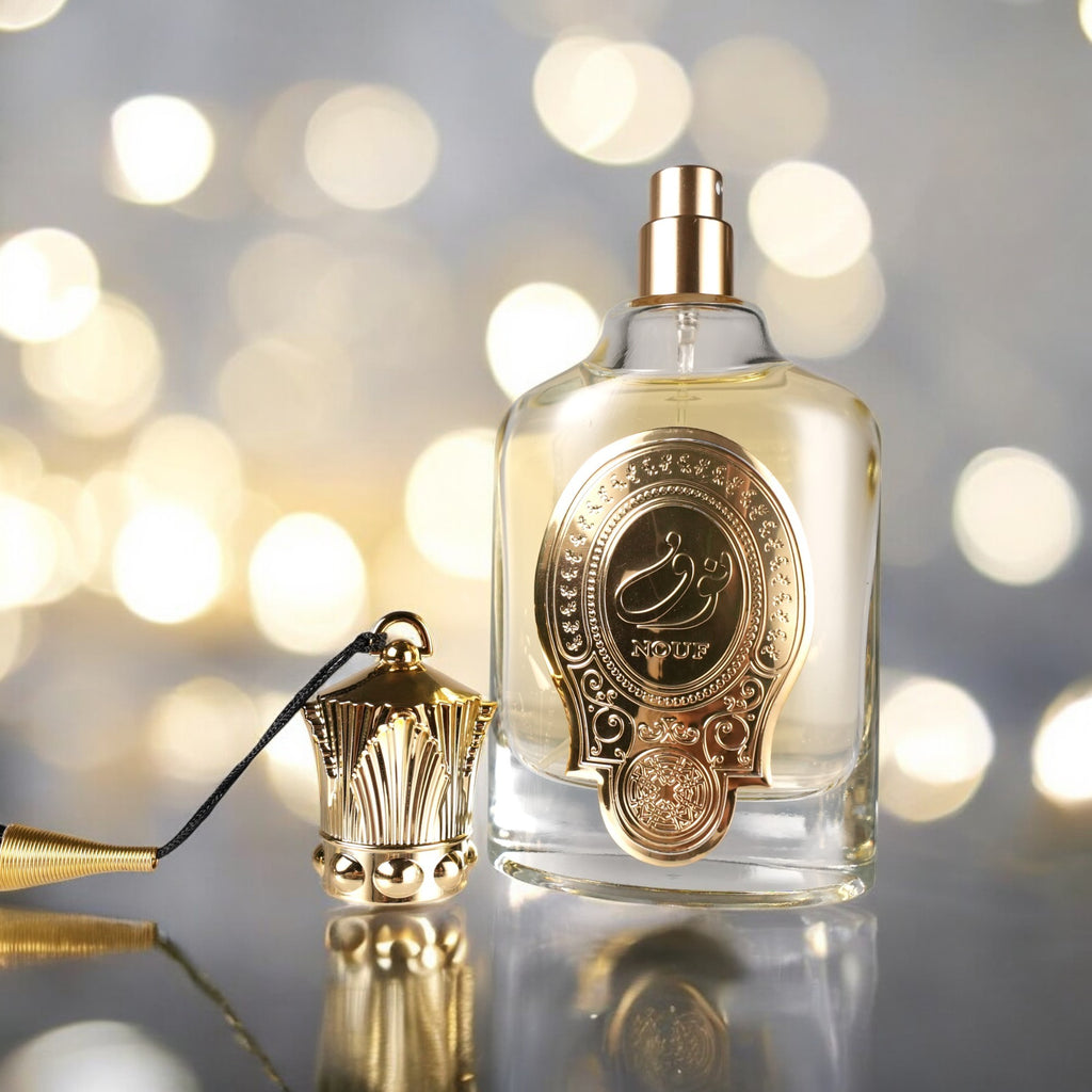 Perfume bottle with gold cap and decorative label on a blurred lights background