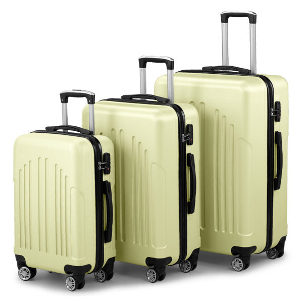 Set of three beige suitcases with black handles and wheels on a white background