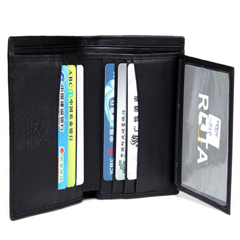 Black wallet with multiple cards and a clear window on a white background