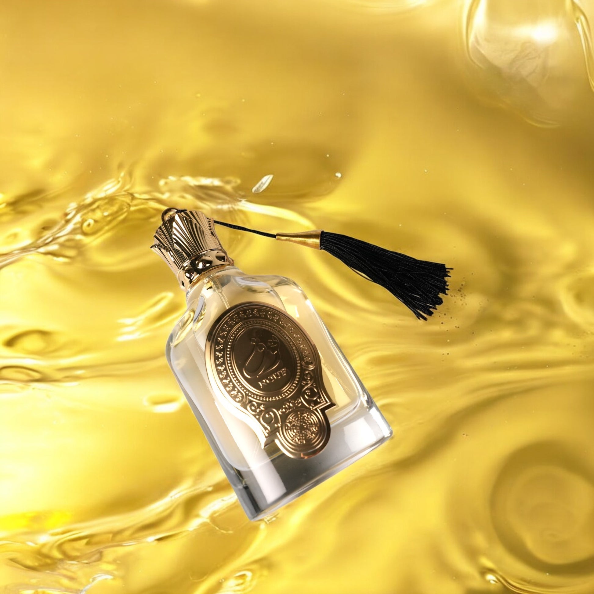 Perfume bottle with decorative cap on a yellow liquid background