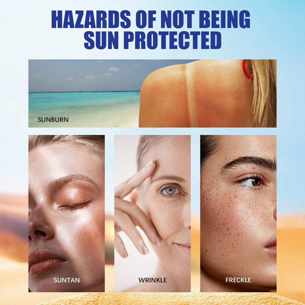 Illustration showing the hazards of not being sun protected with images of sunburn, suntan, wrinkles, and freckles.
