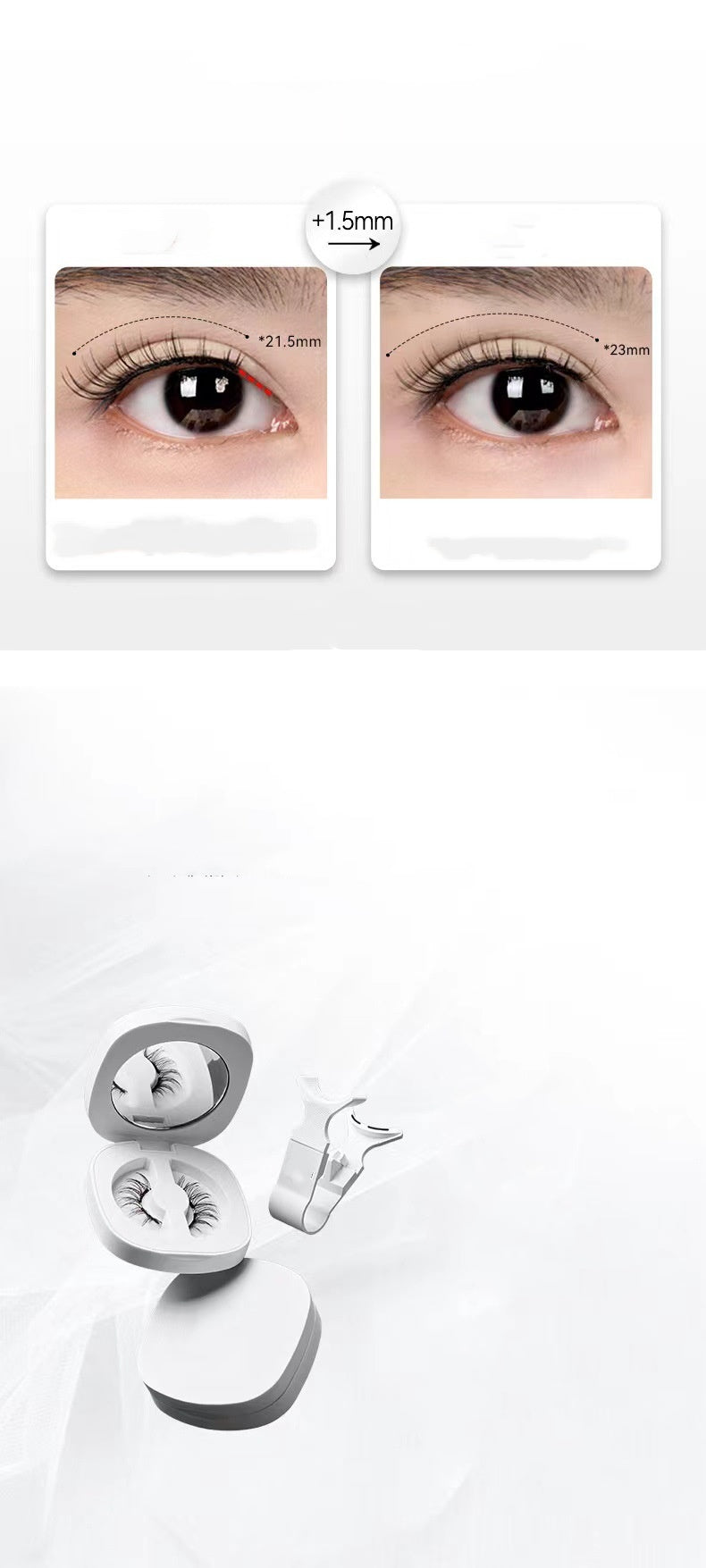 Eyelash extension product with close-up of eyes showing effect