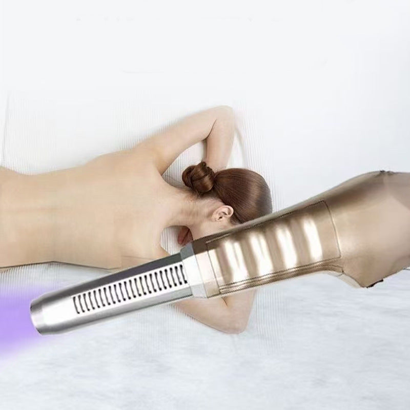 Person lying down with a hair straightening iron over their head on a white background