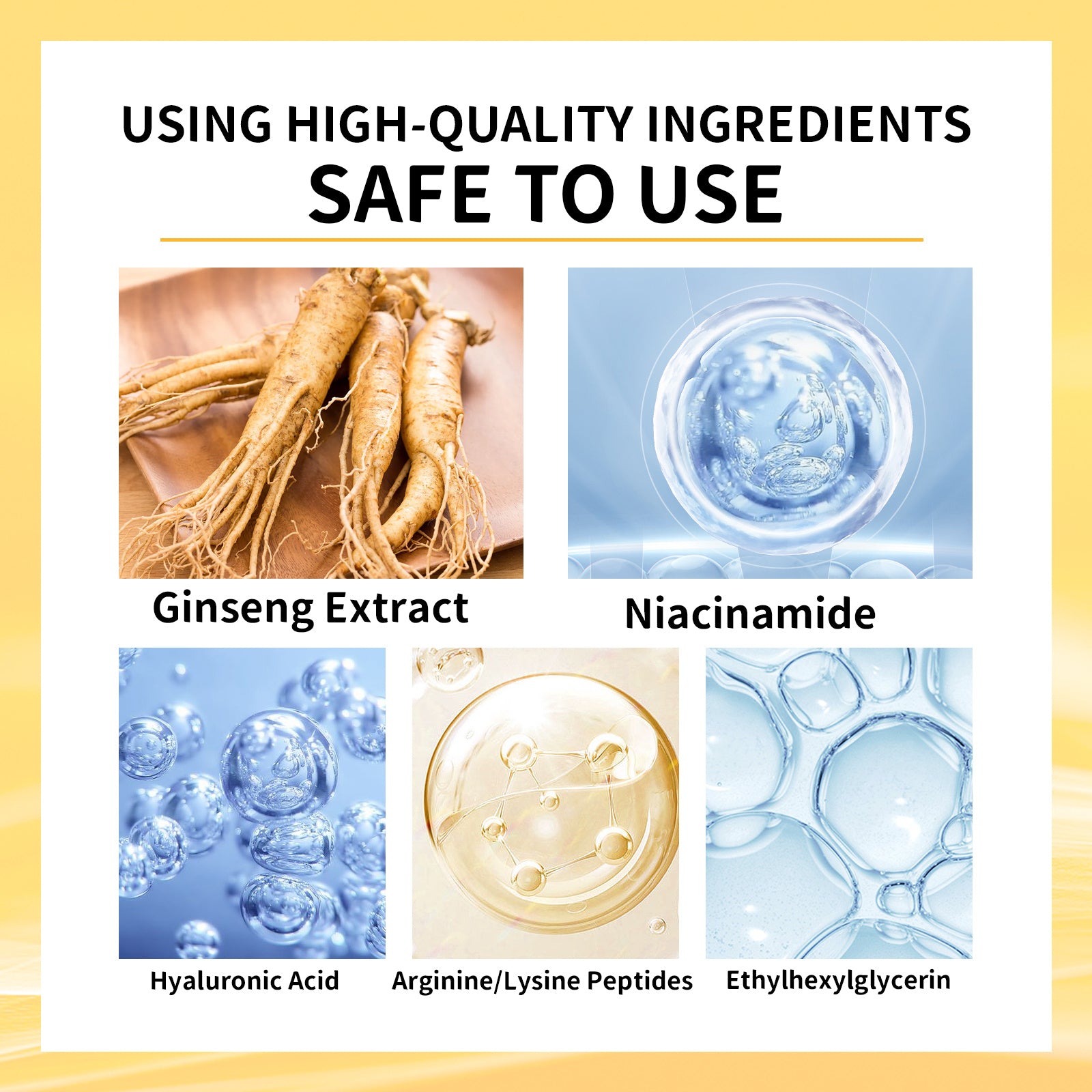List of high-quality ingredients with corresponding images on a yellow background