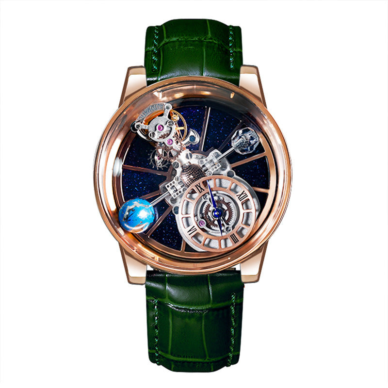 Luxury watch with green leather strap and intricate design on a white background