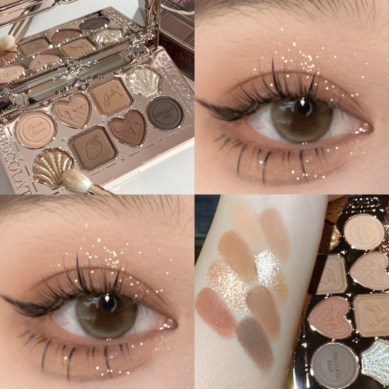 Makeup palette with close-ups of eyes wearing the makeup and color swatches.