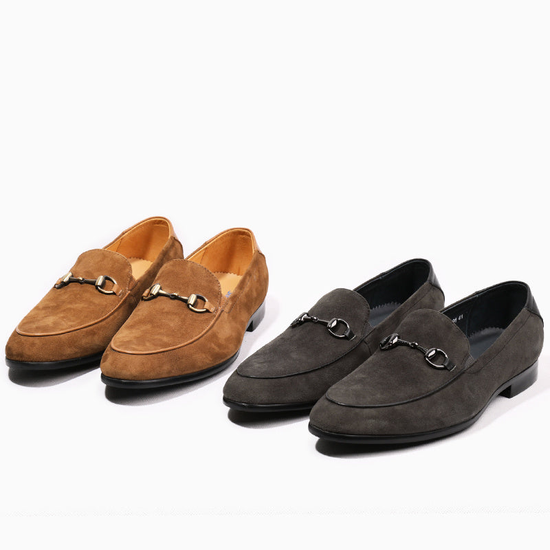 Pair of brown suede loafers and a pair of black suede loafers on a white background