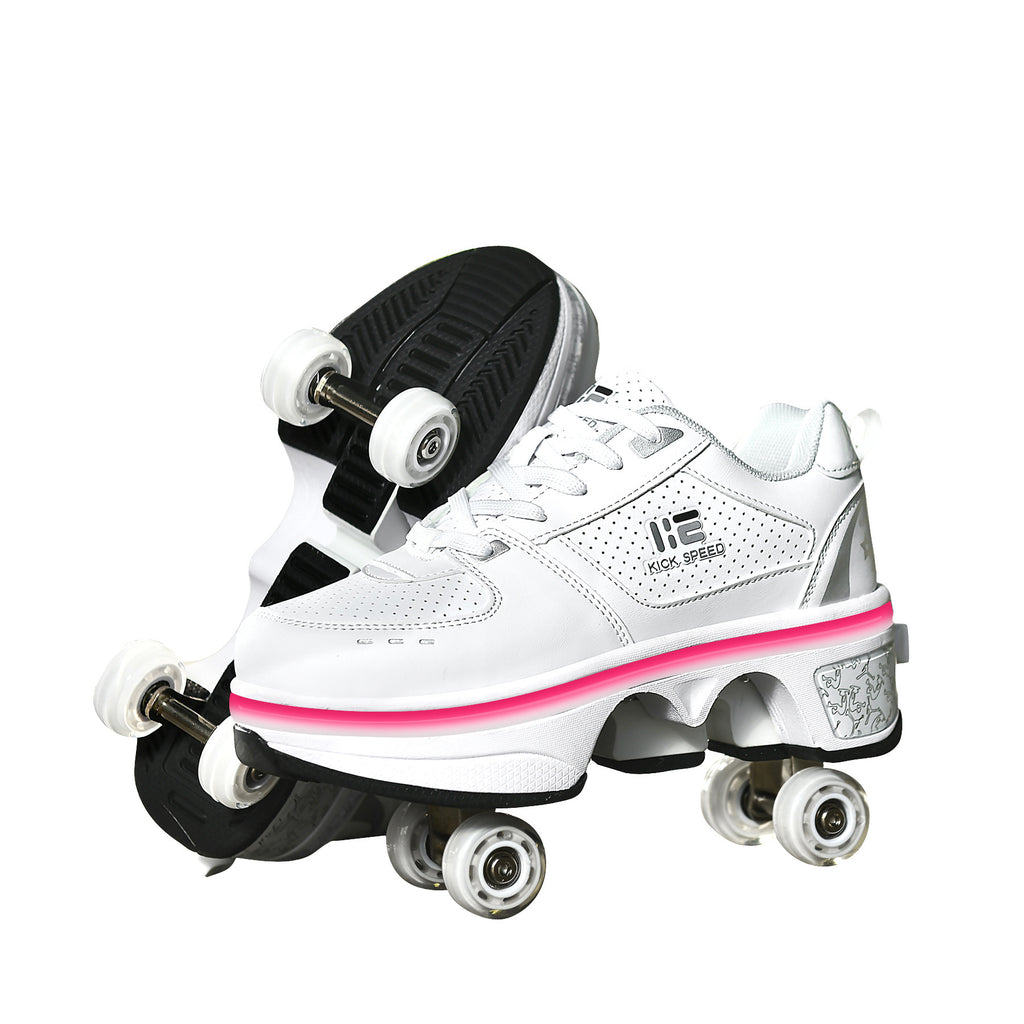 White roller shoes with pink accent and black soles on a white background