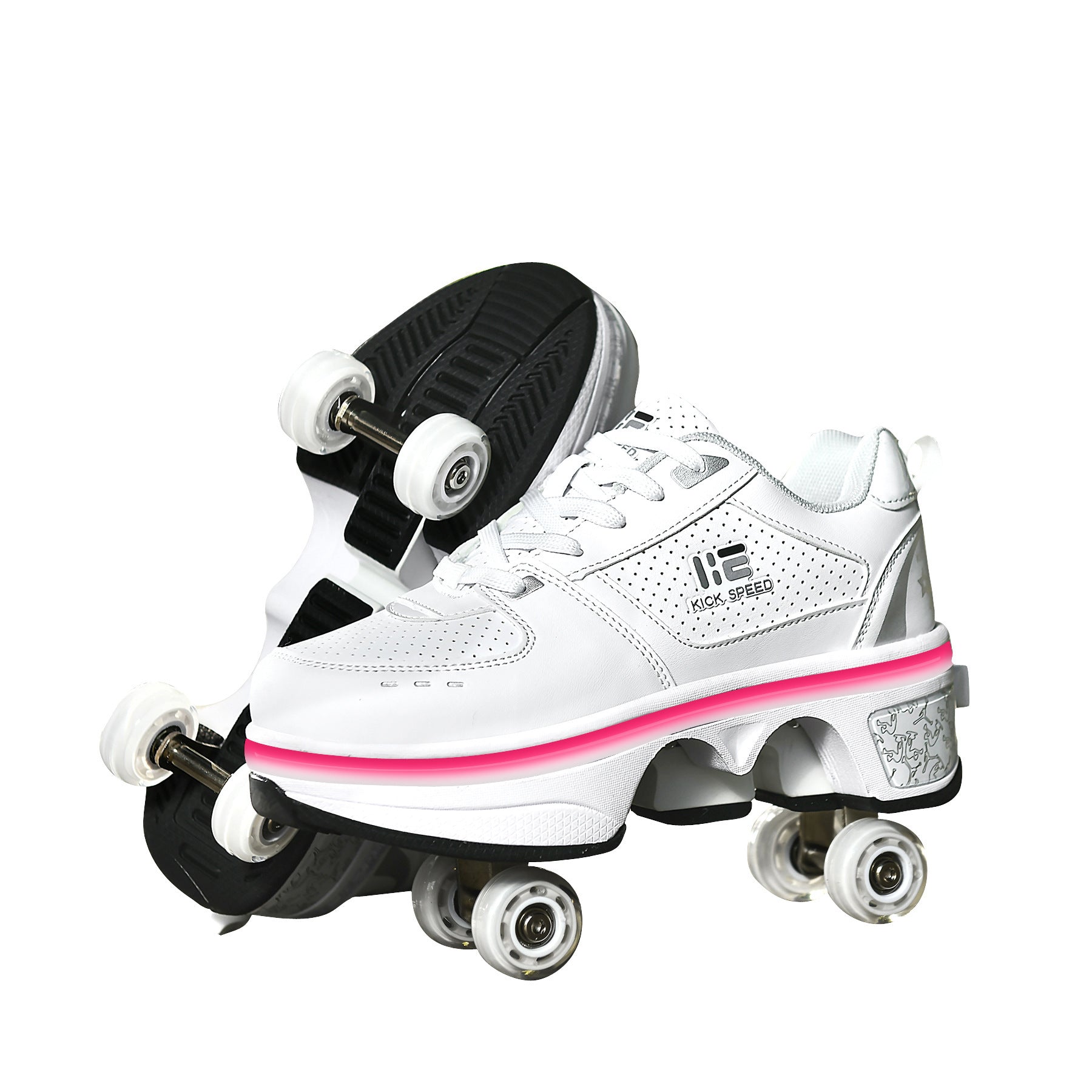 White roller shoes with pink accent and black soles on a white background