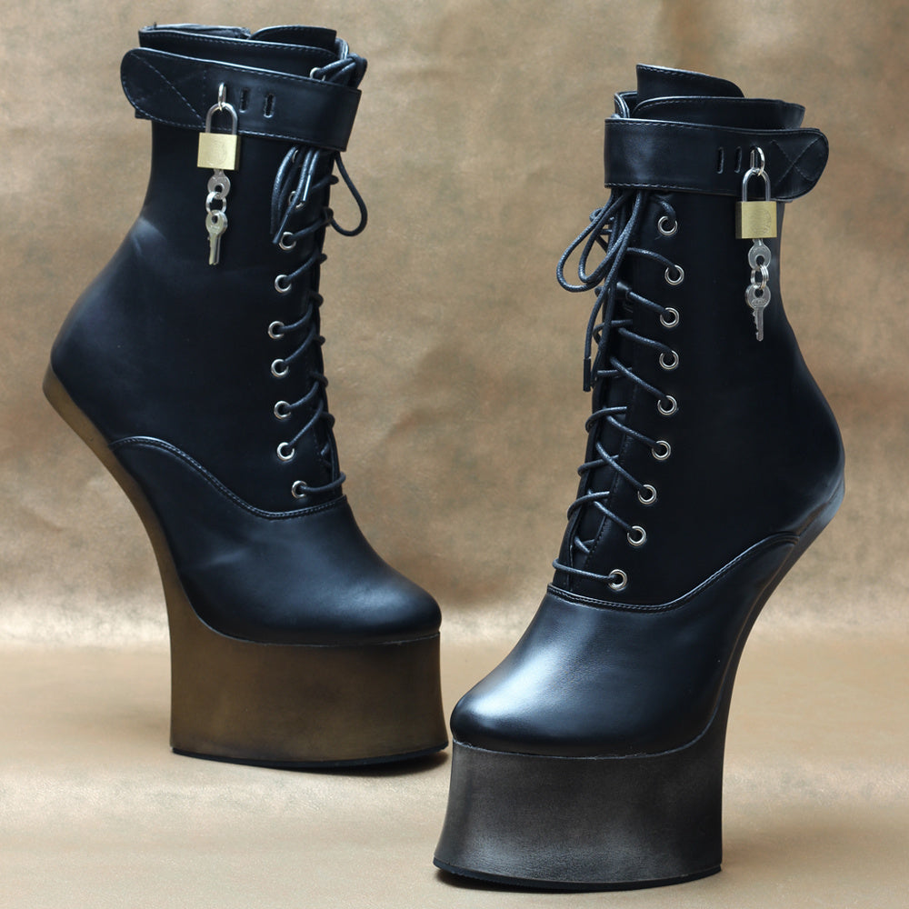 Black platform boots with high heels on a beige background