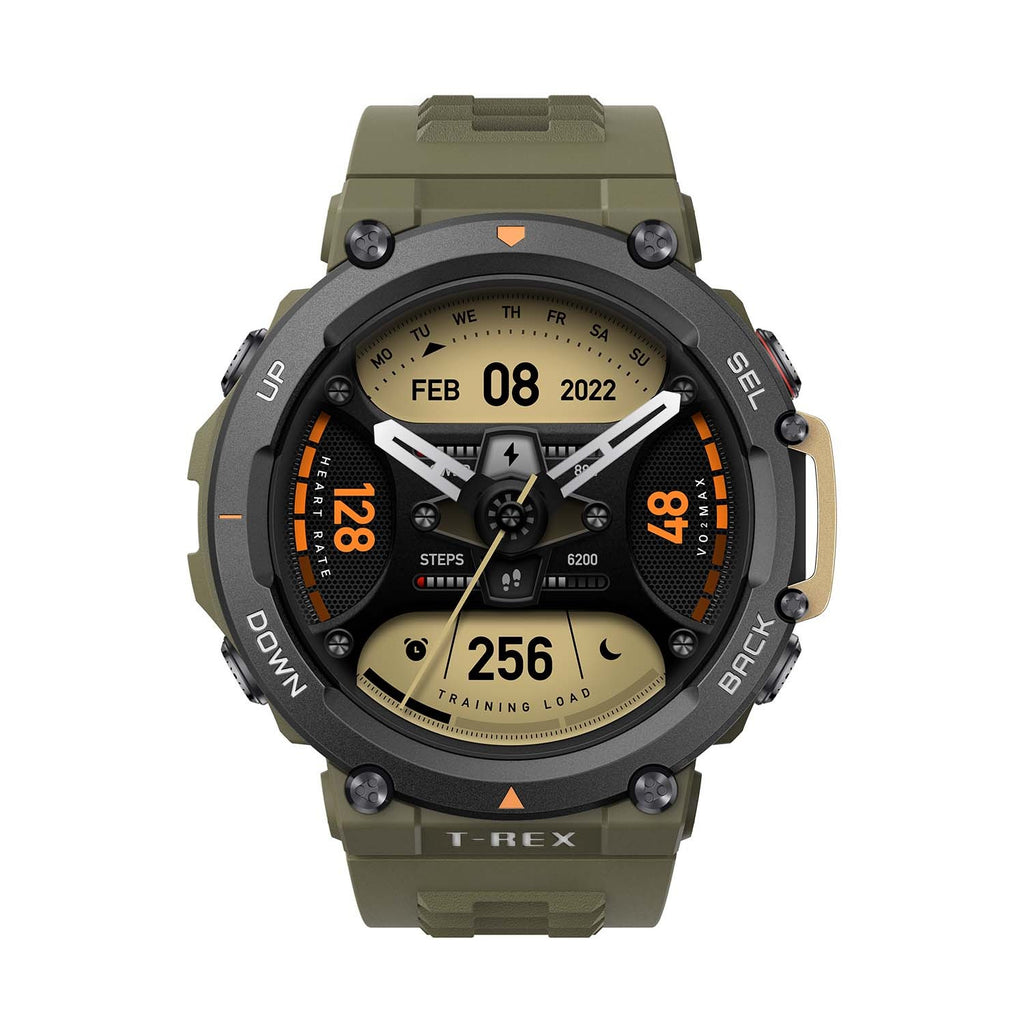 Green digital watch with detailed display on a white background