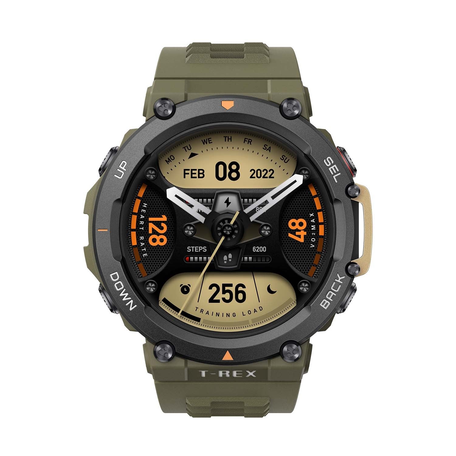 Green digital watch with detailed display on a white background