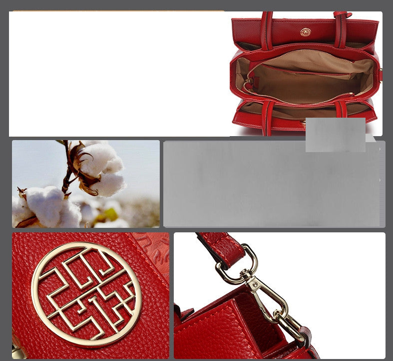 Collage of a red handbag with gold emblem, cotton plant, and close-up details.