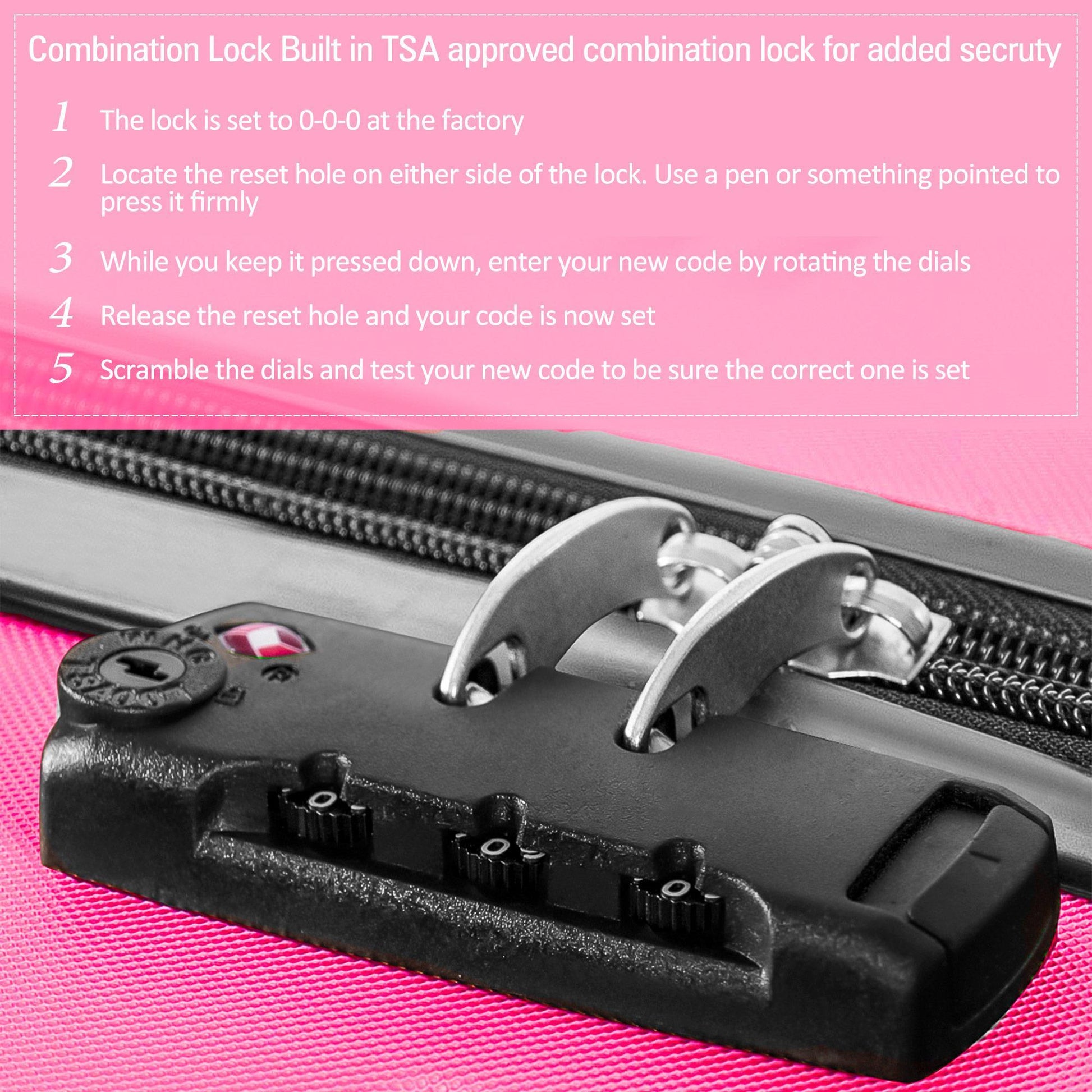 TSA approved combination lock on a pink background with instructions.