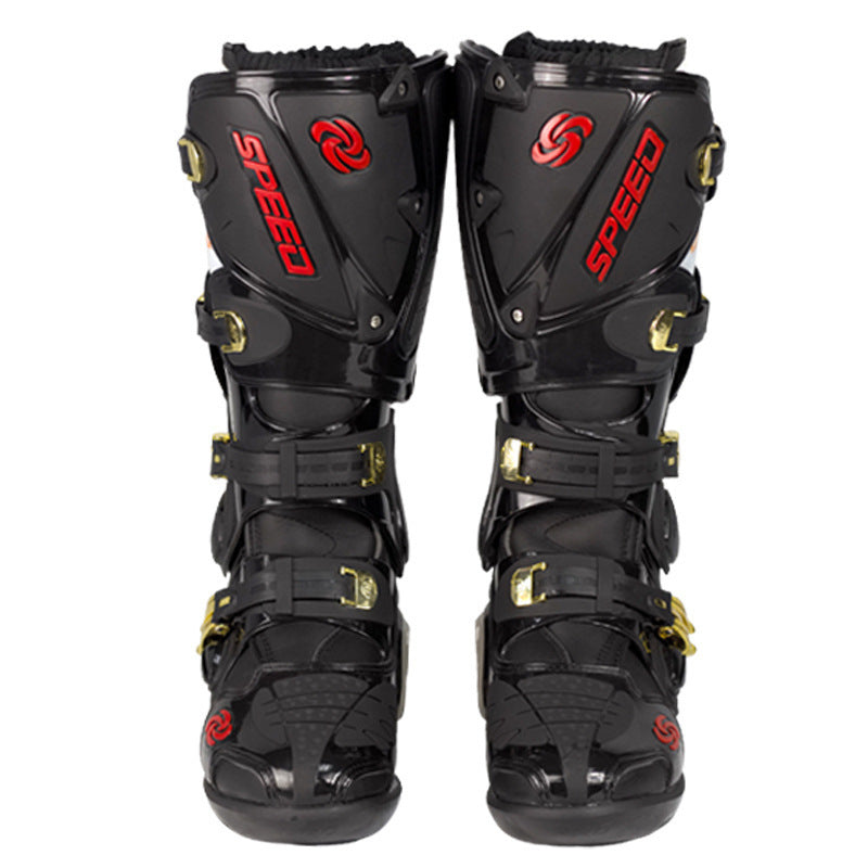 Black protective boots with red and gold accents on a white background