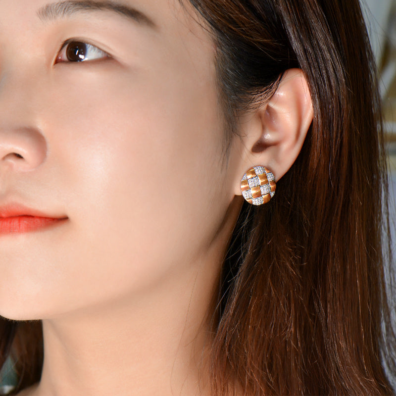 18K Gold Diamond Braided Brushed Round Earrings 17.6mm