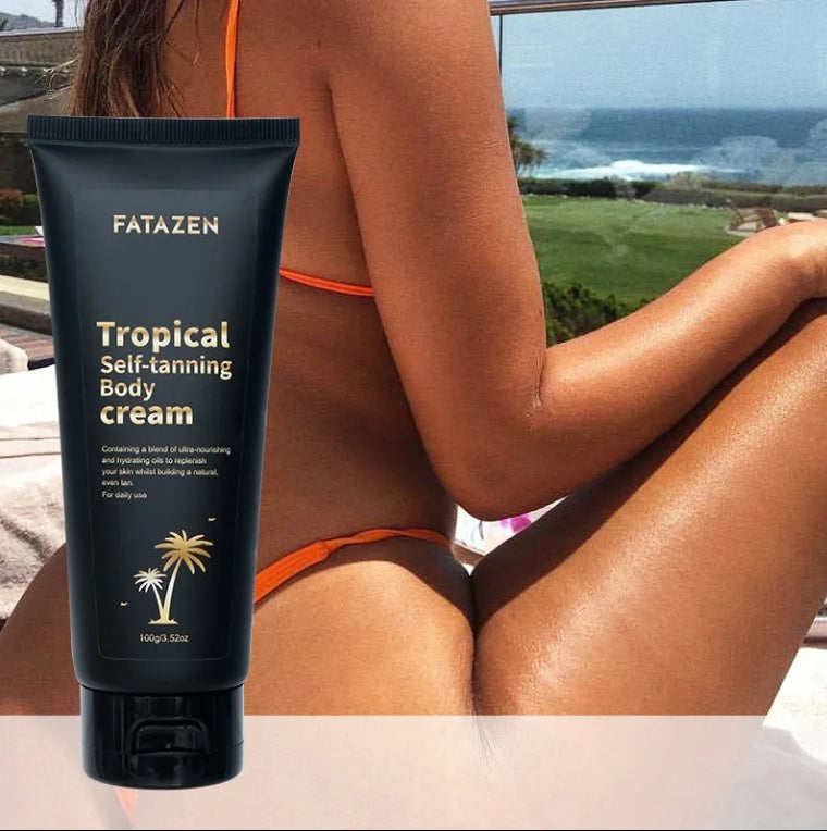 Fatazen Tropical Self-tanning Body Cream with a person in a bikini sitting by a pool.
