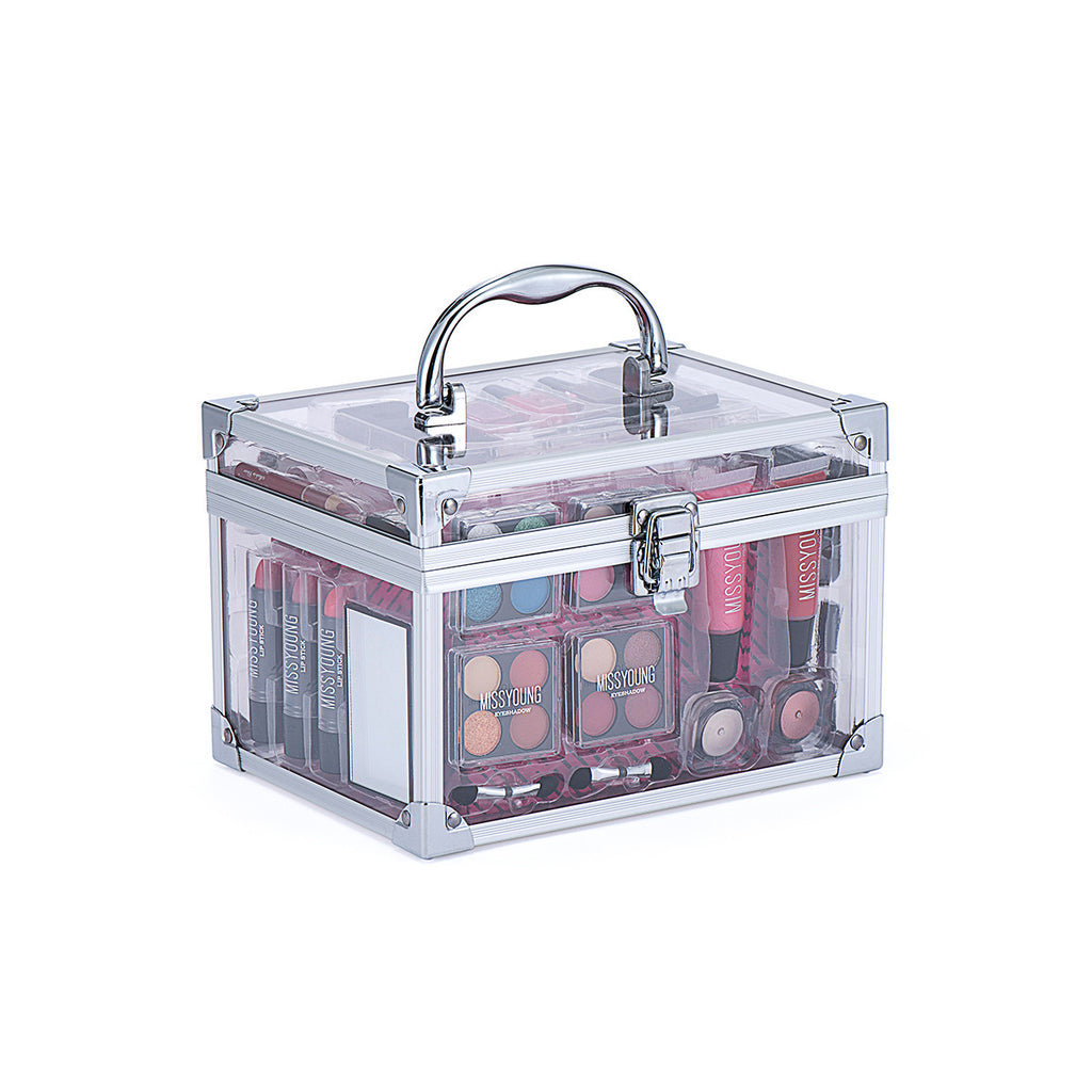 Clear makeup case with cosmetic products inside on a white background