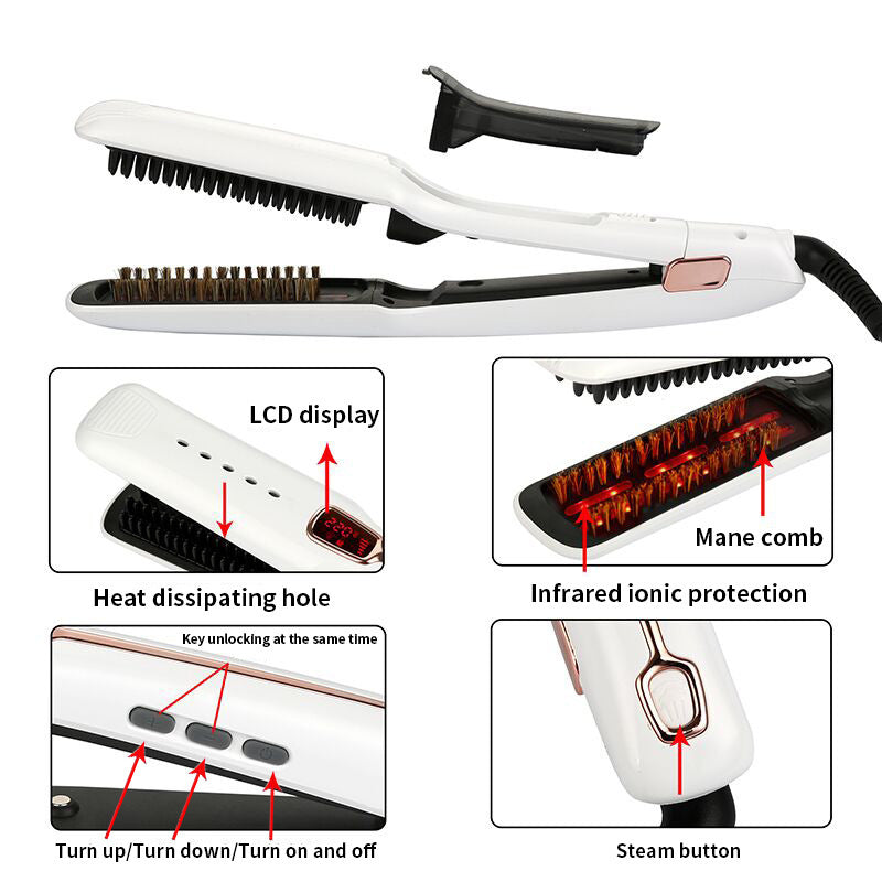 Hair straightener with features highlighted on a white background