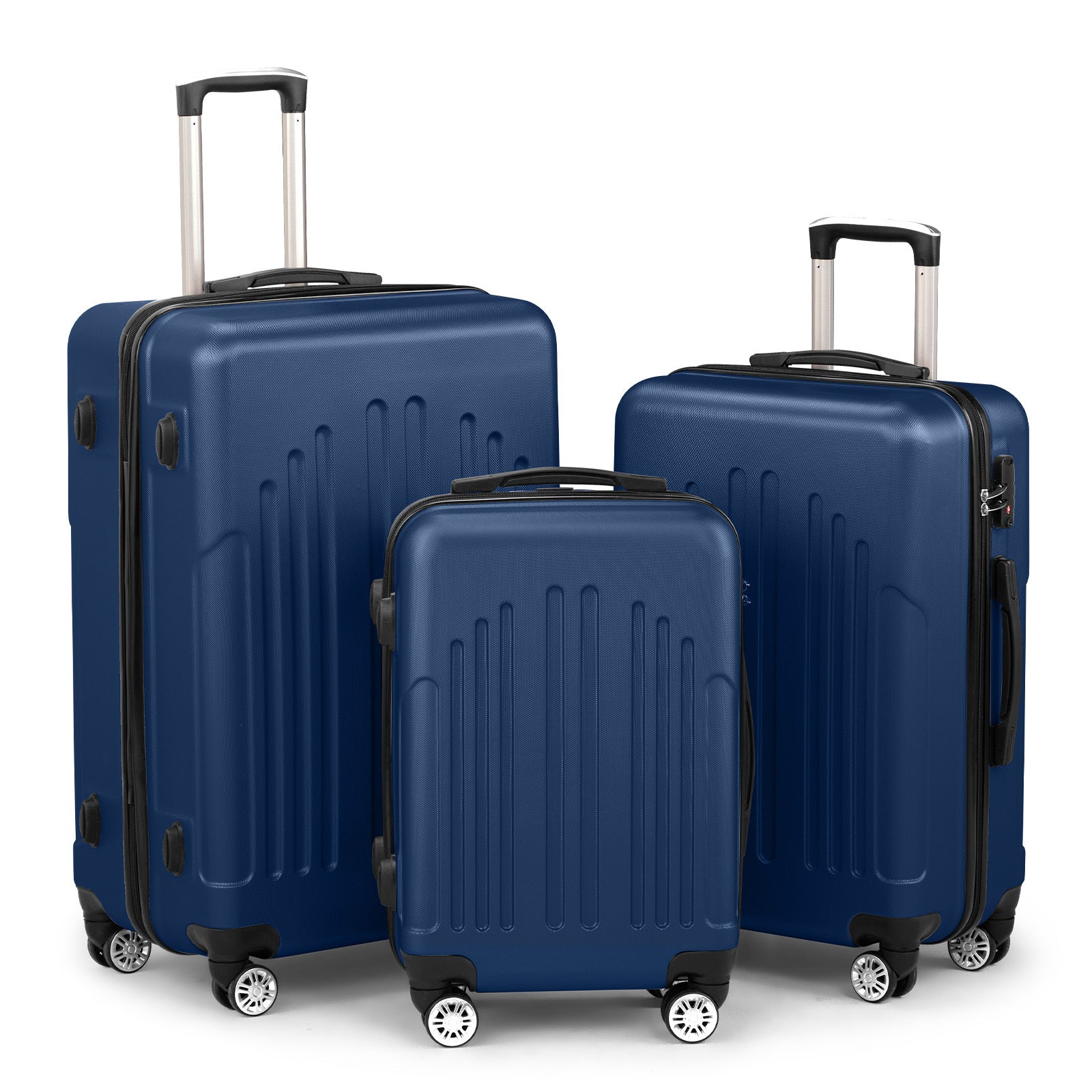 Set of three blue suitcases of different sizes on a white background