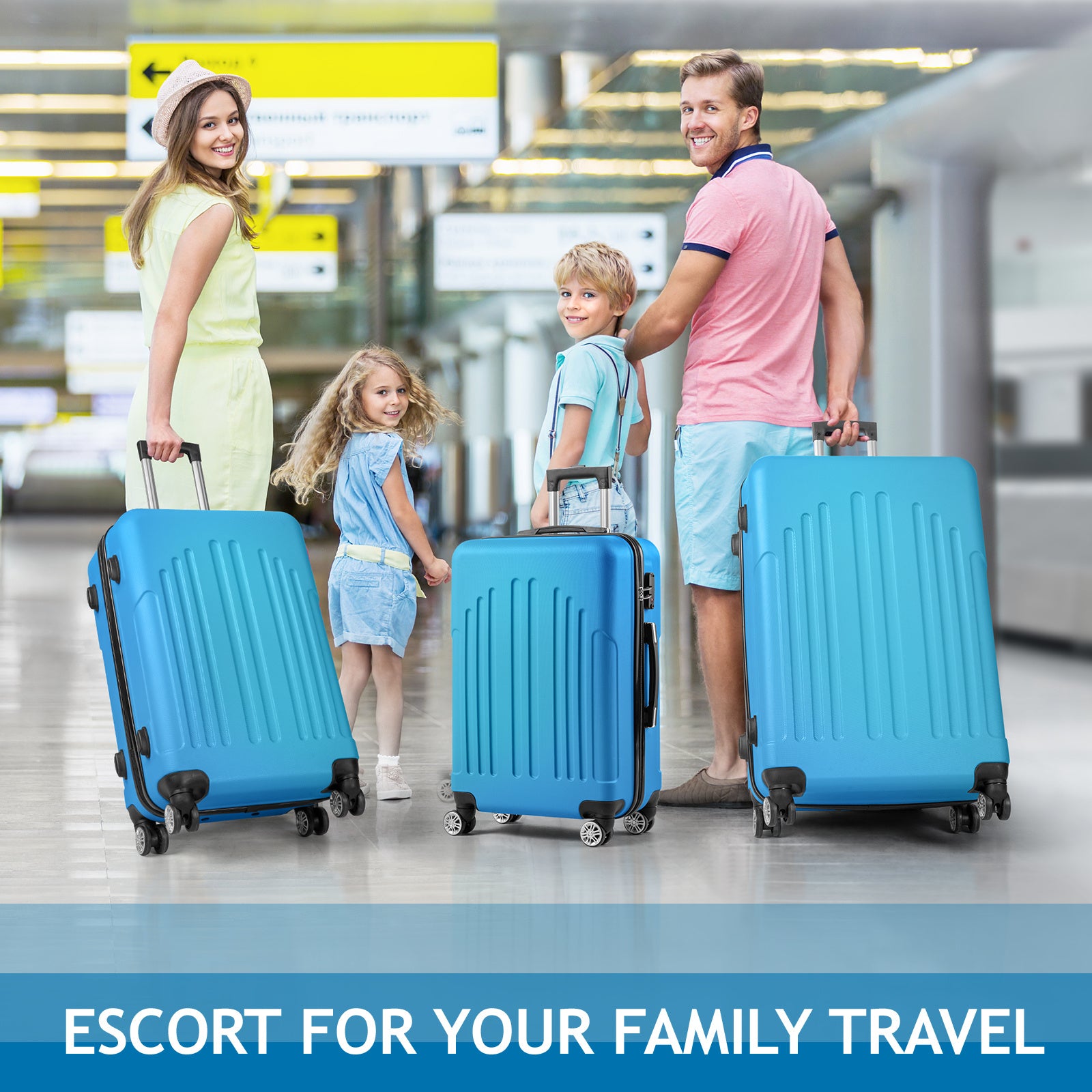 Family with blue suitcases at an airport, with text 'Escort for your family travel'.