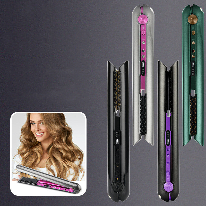 Hair straightener with different color options and a woman with styled hair inset.