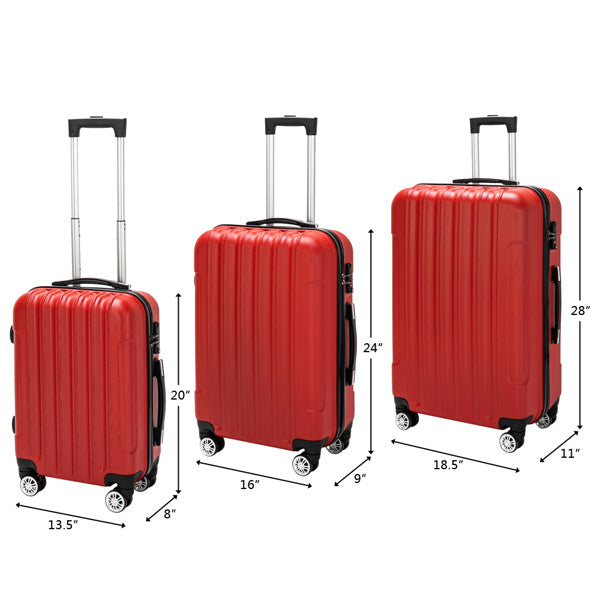Three red suitcases of different sizes with dimensions on a white background