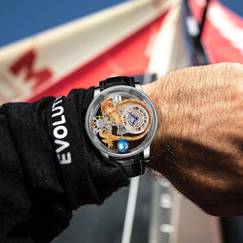 Close-up of a wrist wearing a detailed mechanical watch with a blurred background