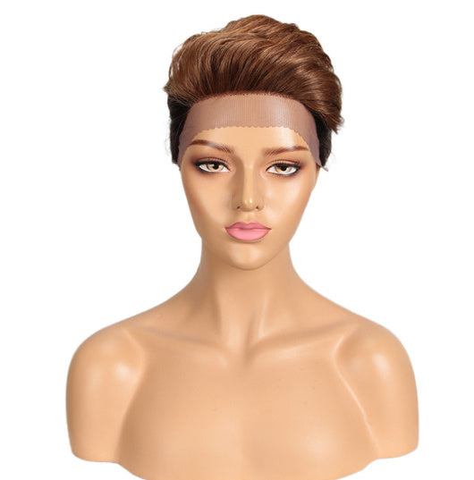 Mannequin head with a brown wig on a white background
