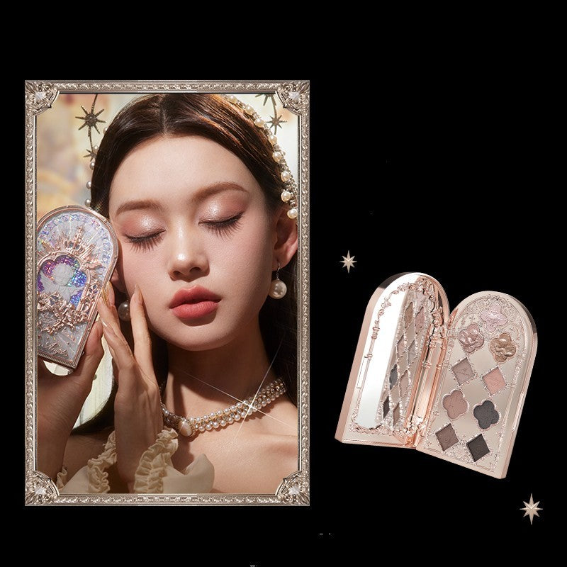 Makeup palette with decorative case held by a model, against a black background