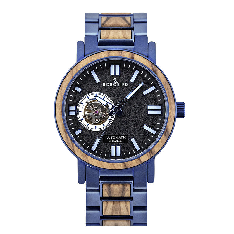 Watch with blue and wooden strap on a white background