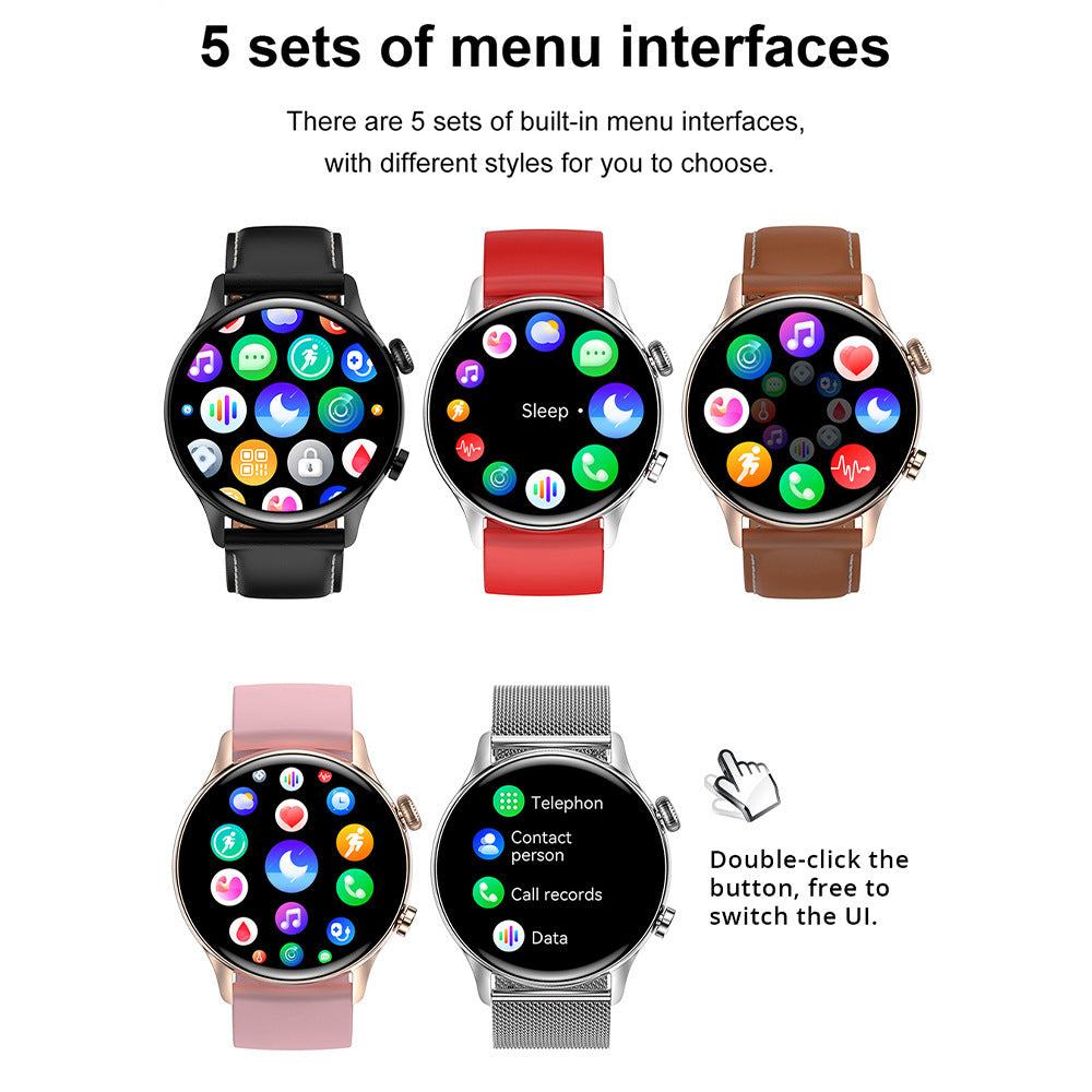 Five smartwatches with different colored bands displaying menu interfaces on a white background.