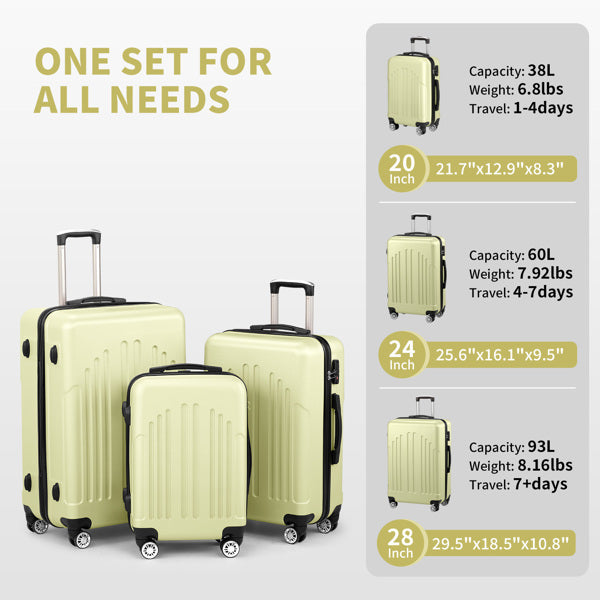 Set of four light green suitcases with dimensions and travel information on a gray background