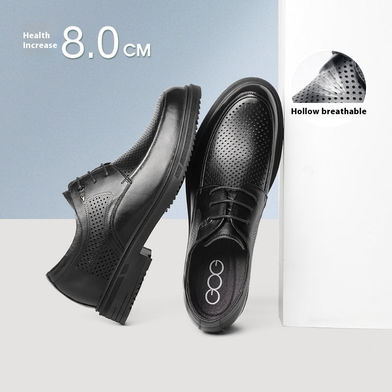 Black shoes with text indicating health benefits on a light gray background