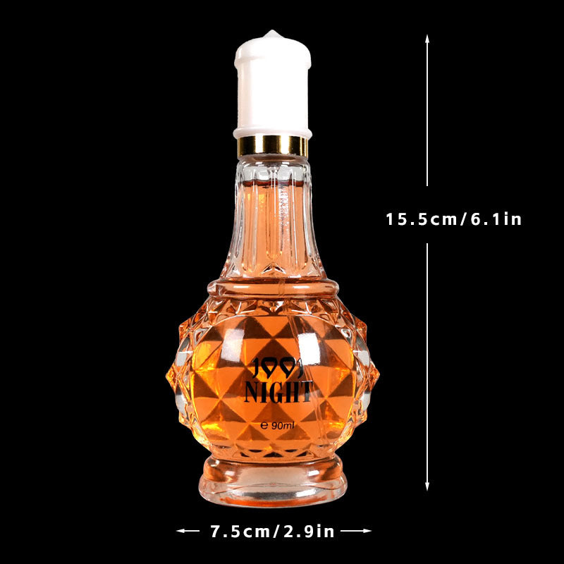 Perfume bottle with geometric design and measurements on a black background