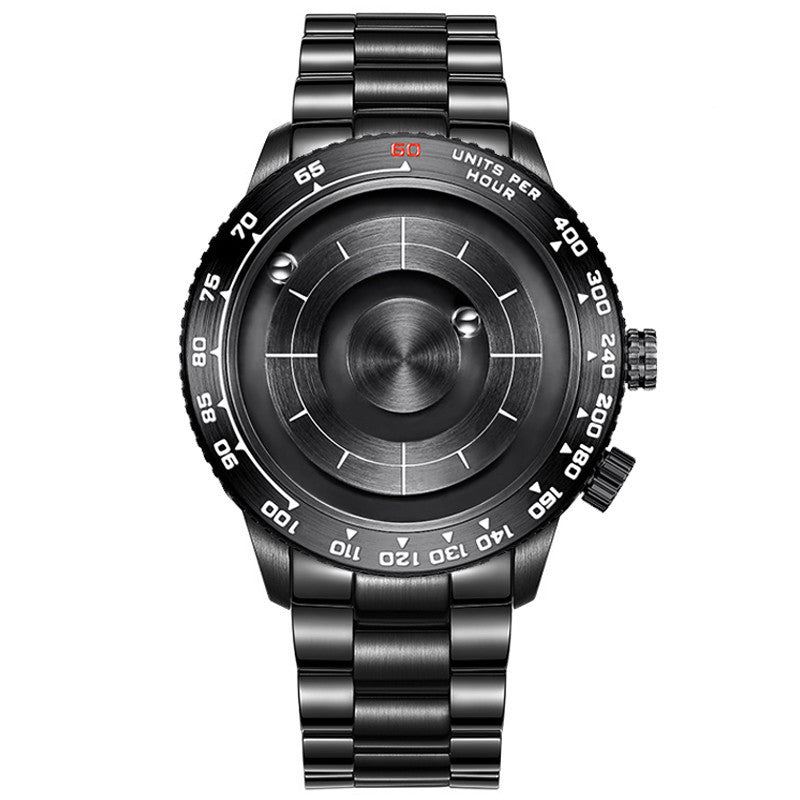 Black wristwatch with metallic band on a white background