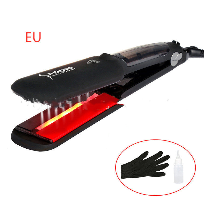 Black hair straightener with red heating element on a white background, including a black glove and bottle icon.
