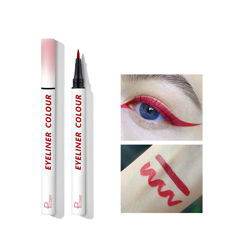 Eyeliner pen with packaging and application examples on a white background