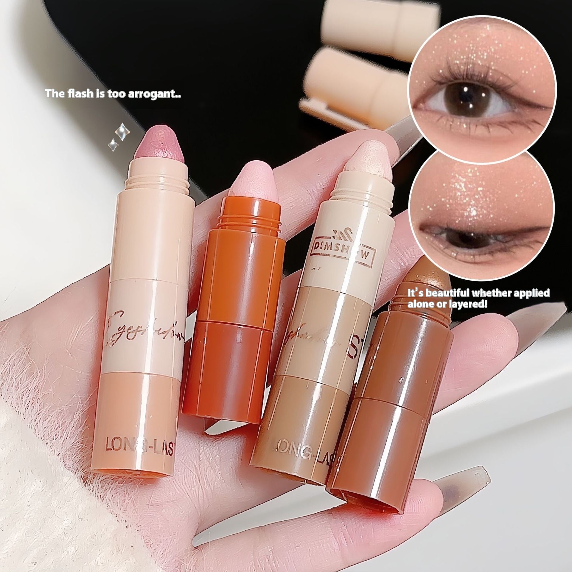 Four lip products held in a hand with close-up shots of application on skin.
