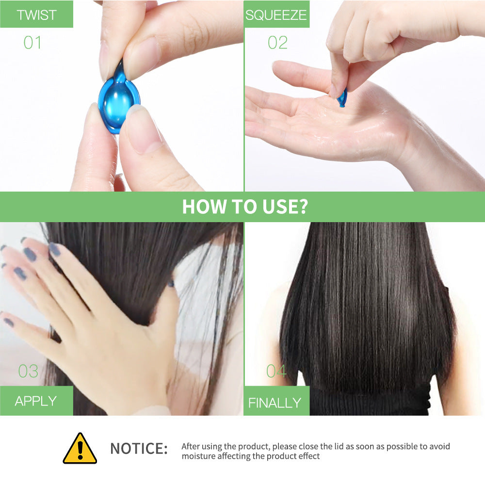 Step-by-step guide on how to use a hair product with close-up shots of hands and hair.