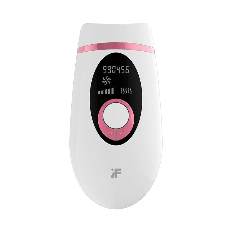 White and pink electronic device with digital display on a white background