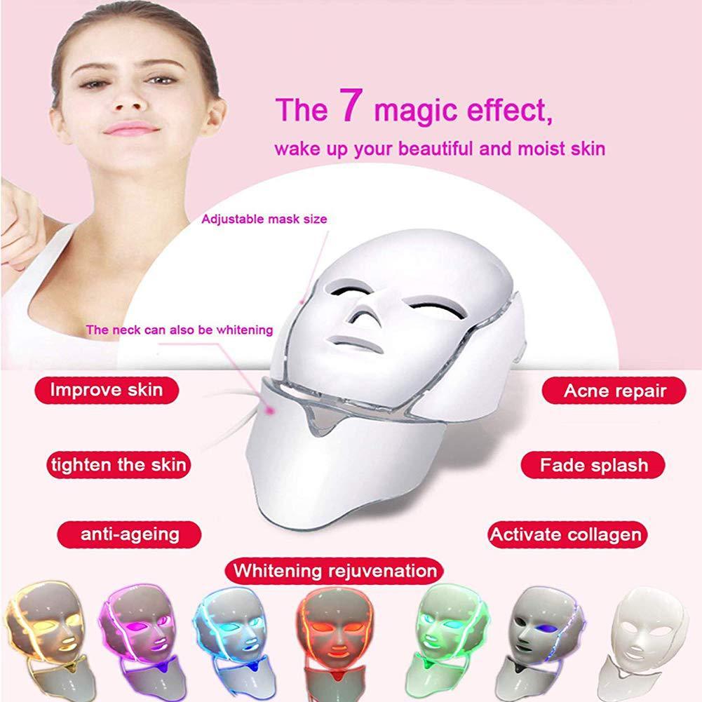 Facial mask device with LED lights and text describing its effects on skin, on a pink background.