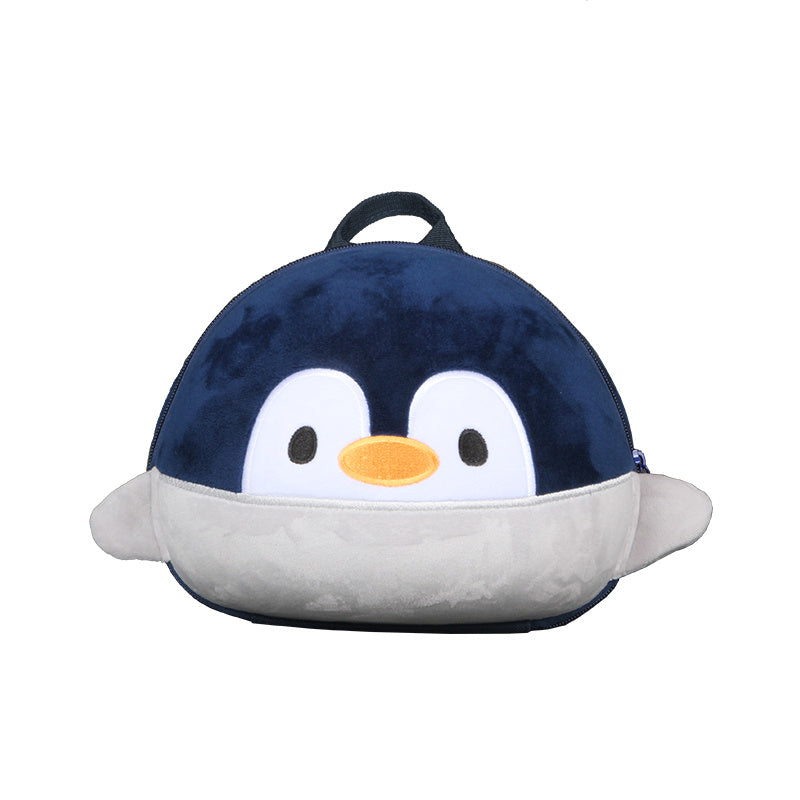 Plush penguin backpack on a white background