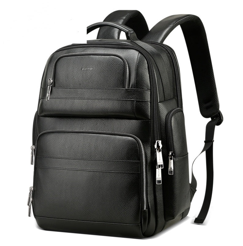 Black leather backpack with multiple zippers on a white background