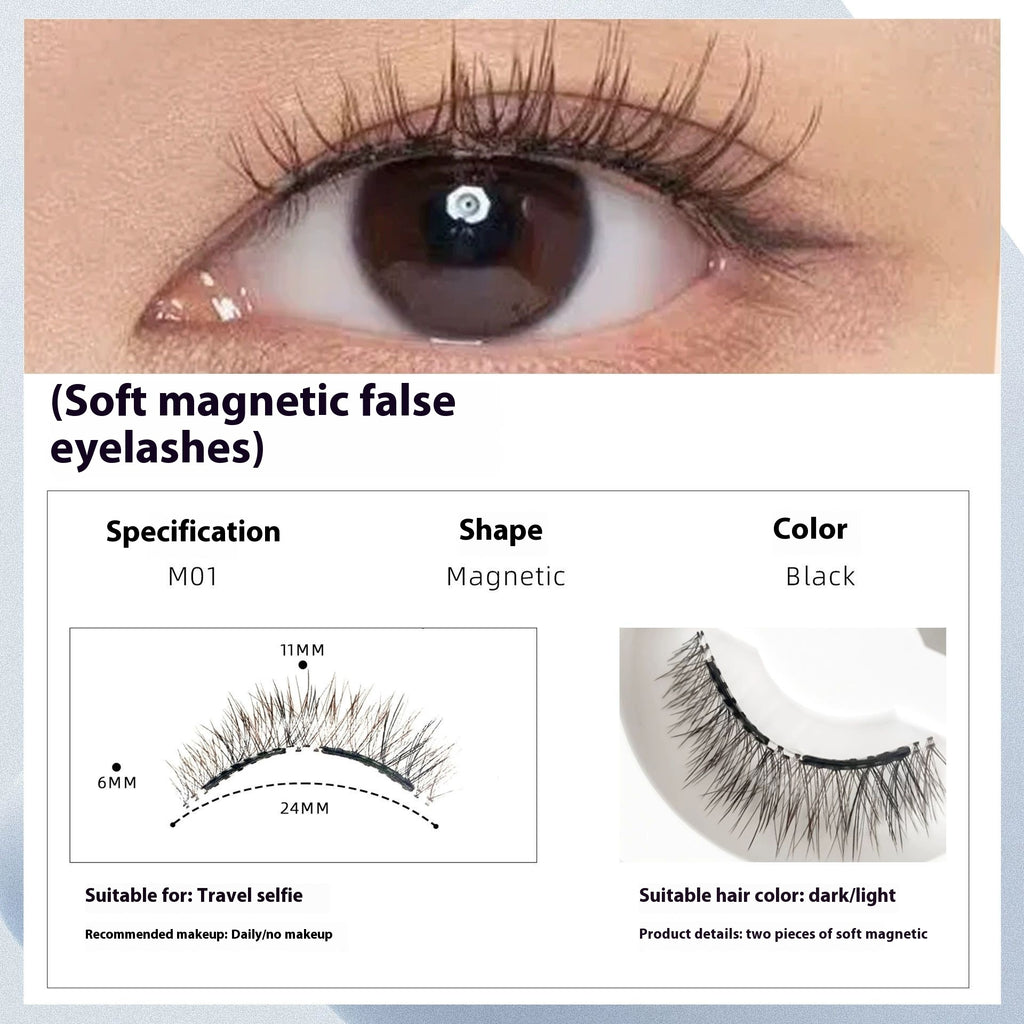 Soft magnetic false eyelashes with product details on a light blue background