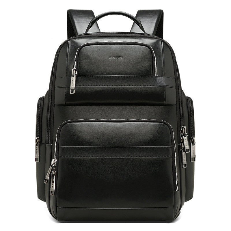 Black leather backpack with multiple zippers on a white background