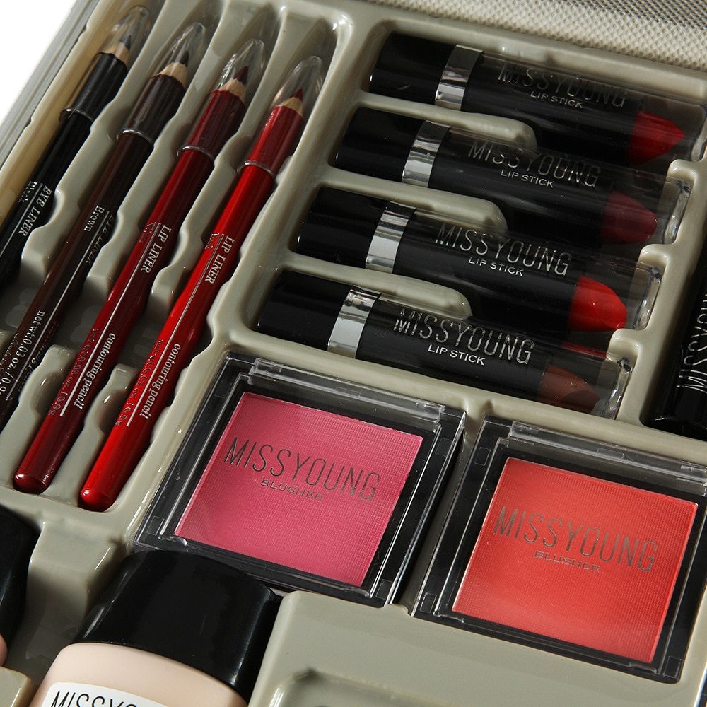 Makeup set with lipsticks, lip pencils, and blushes by Miss Young in a case.