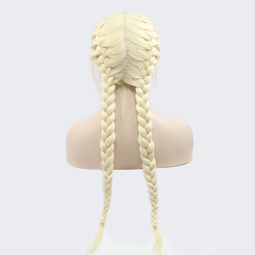 Blonde braided wig on a mannequin head against a white background